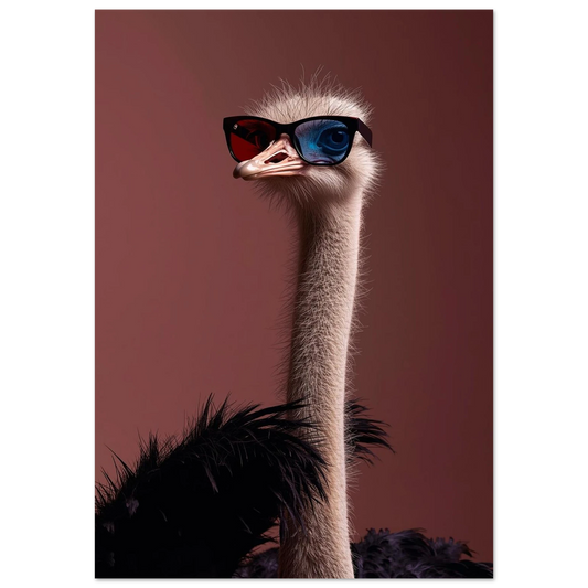 Närbild på en struts med 3D-solglasögon mot brun bakgrund – Fotorealistisk poster