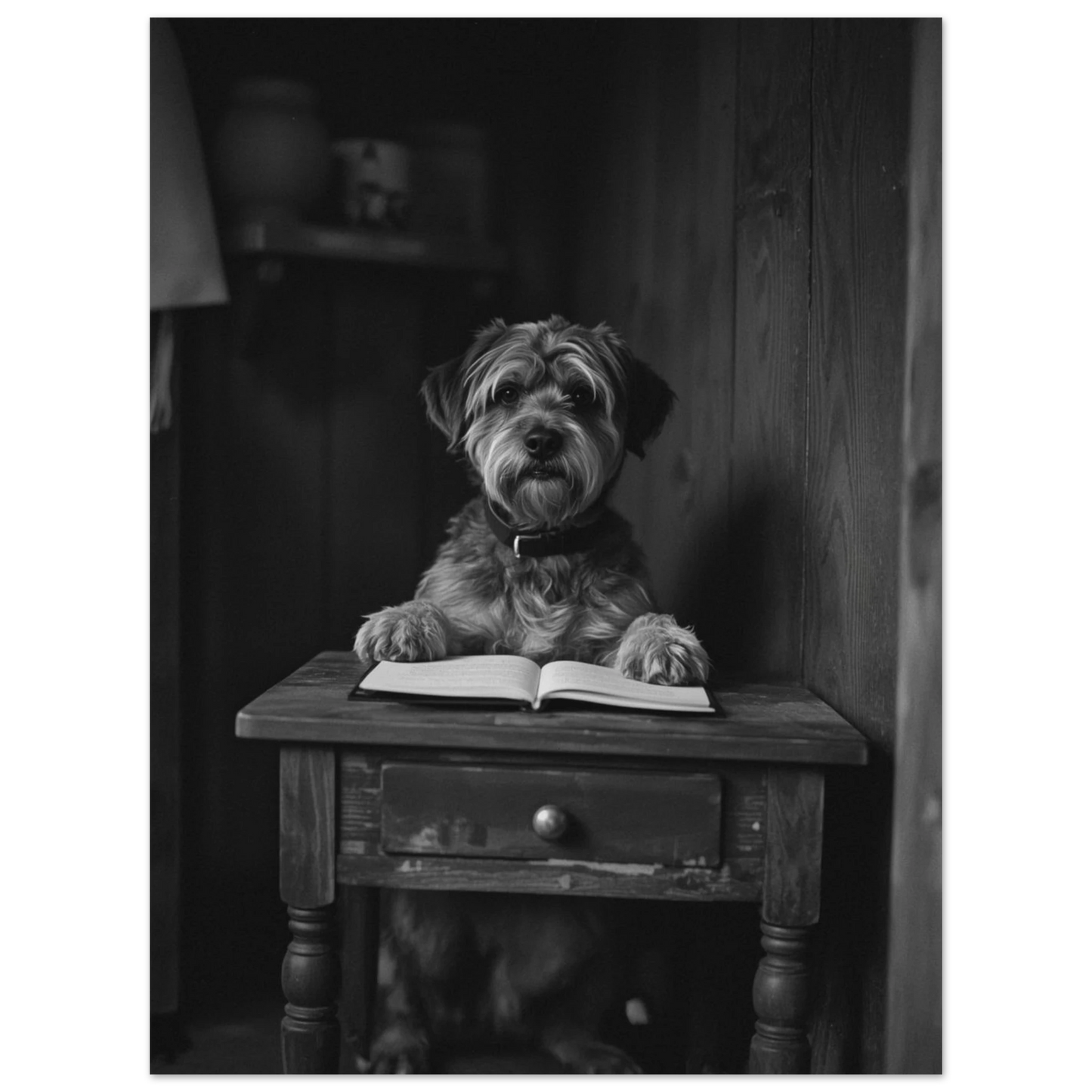 Rustik djurposter med en klok hund vid ett skrivbord, svartvit fotokonst