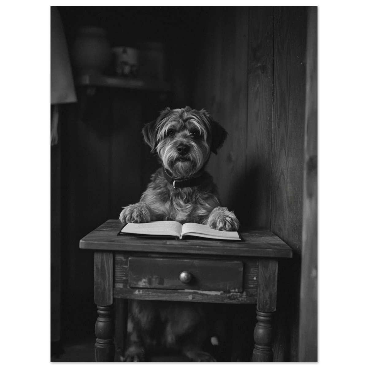 Rustik djurposter med en klok hund vid ett skrivbord, svartvit fotokonst