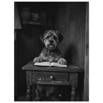 Rustik djurposter med en klok hund vid ett skrivbord, svartvit fotokonst