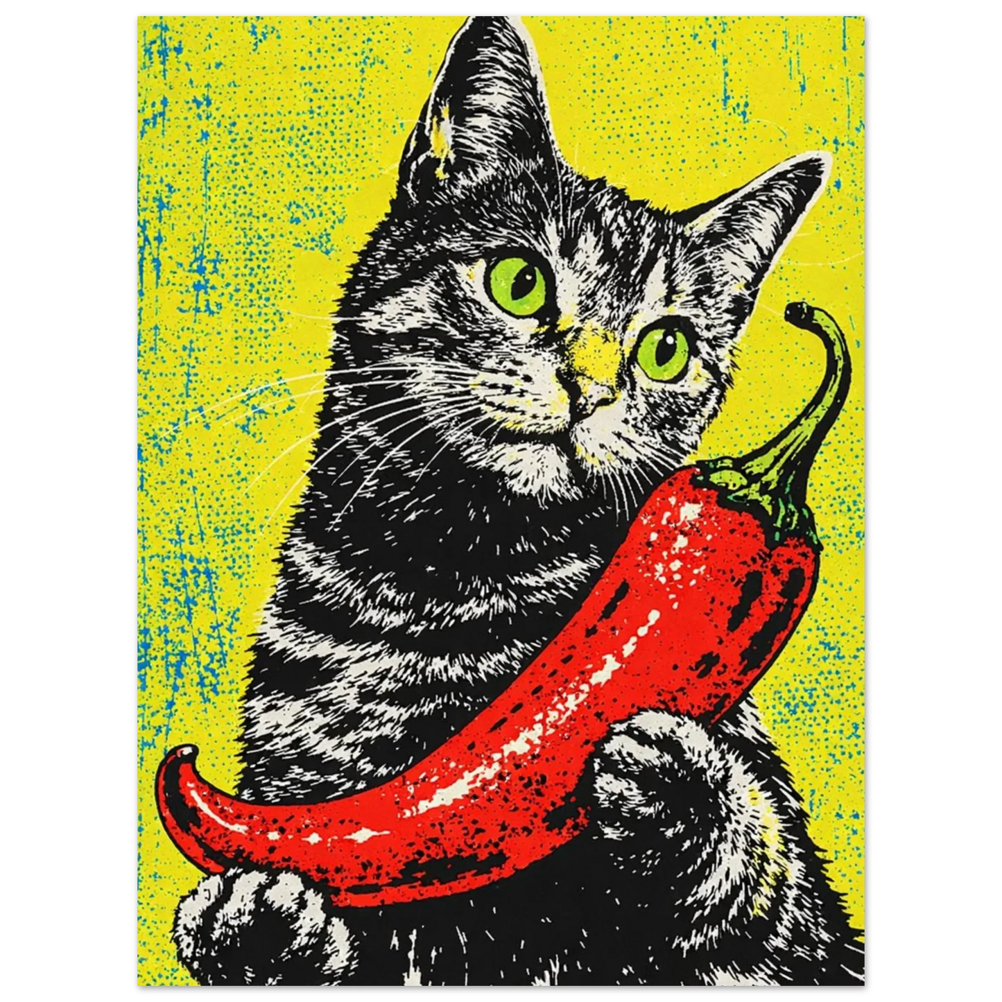 Kaxig pop-art illustration av en katt med stark chili och textur – Retro poster