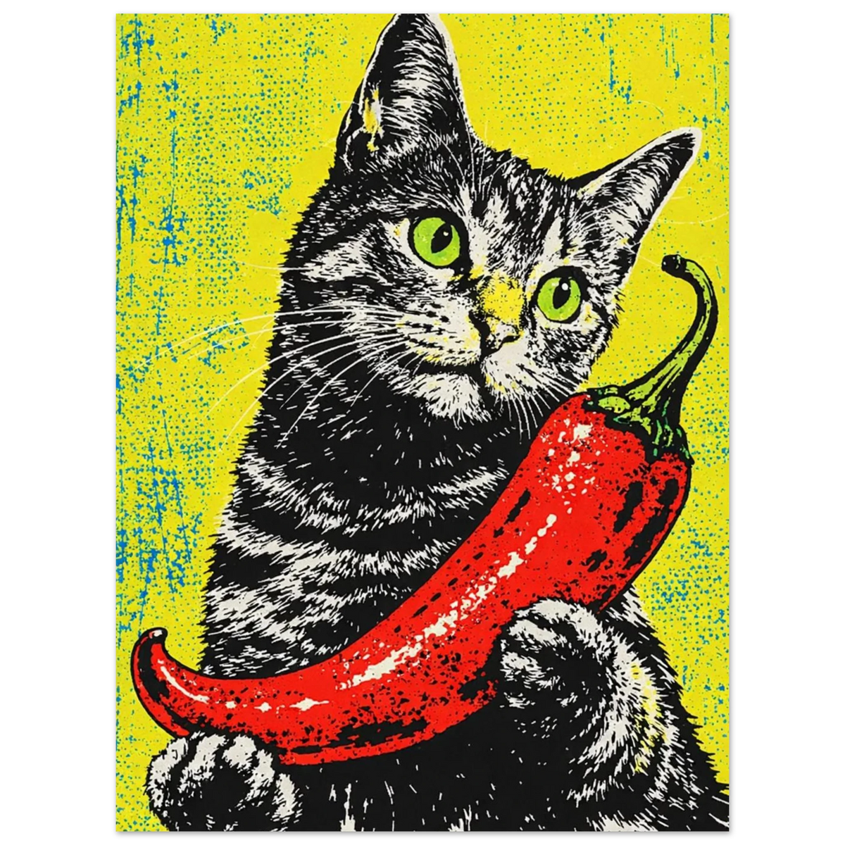 Kaxig pop-art illustration av en katt med stark chili och textur – Retro poster