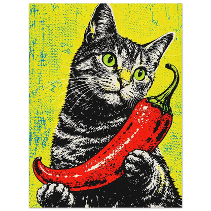 Kaxig pop-art illustration av en katt med stark chili och textur – Retro poster