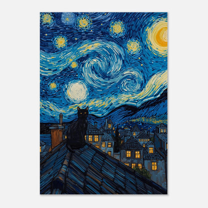 Konstnärlig illustration av en katt på taket i stjärnklar natt
