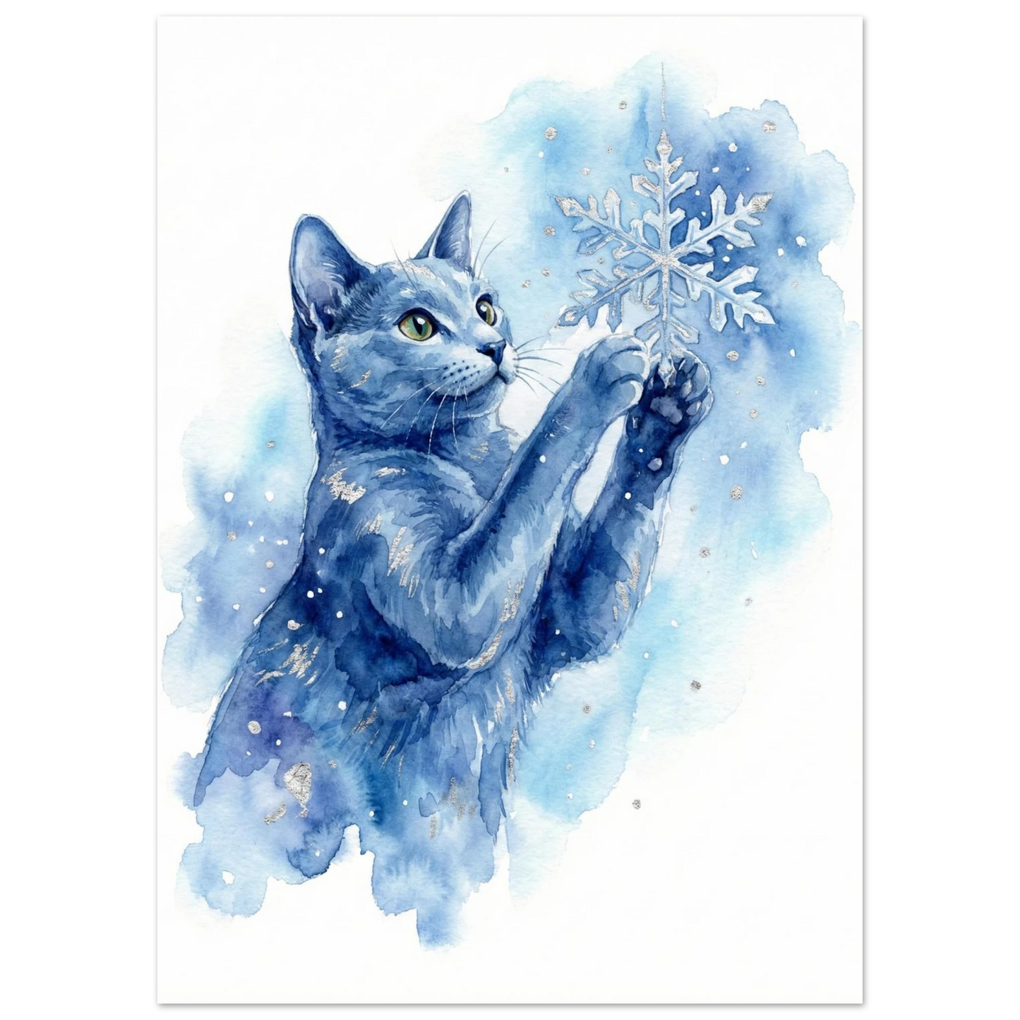 Kattmotiv i blå akvarell med silvriga detaljer och en snöflinga