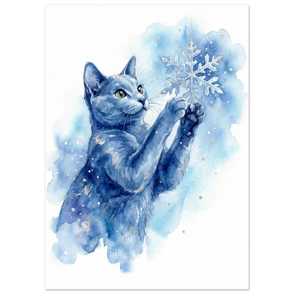 Kattmotiv i blå akvarell med silvriga detaljer och en snöflinga