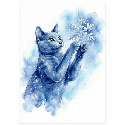 Kattmotiv i blå akvarell med silvriga detaljer och en snöflinga