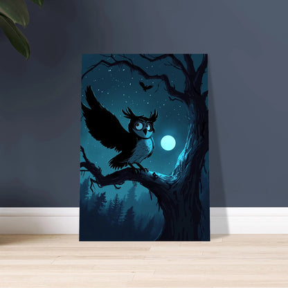 Uggla på gren under månsken, mystisk sagolik illustration