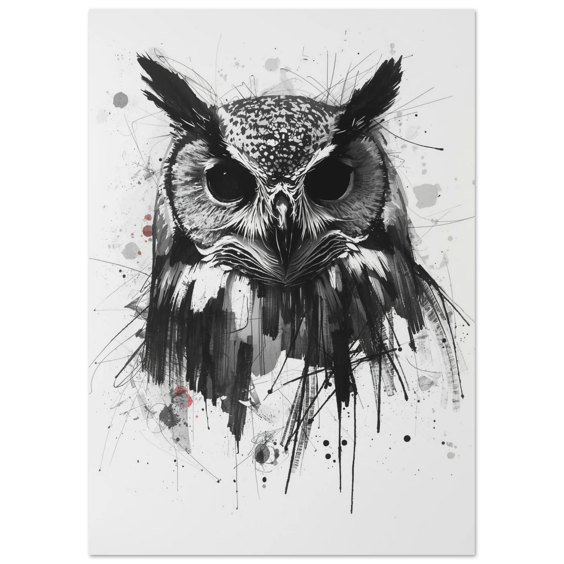 Uggla i svartvit illustration med intensiva ögon och grafiska detaljer