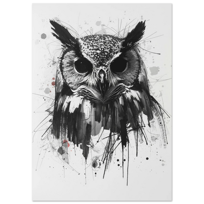 Uggla i svartvit illustration med intensiva ögon och grafiska detaljer