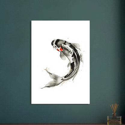 Elegant koi-fisk i bläckwash-stil, med gråa och röda detaljer