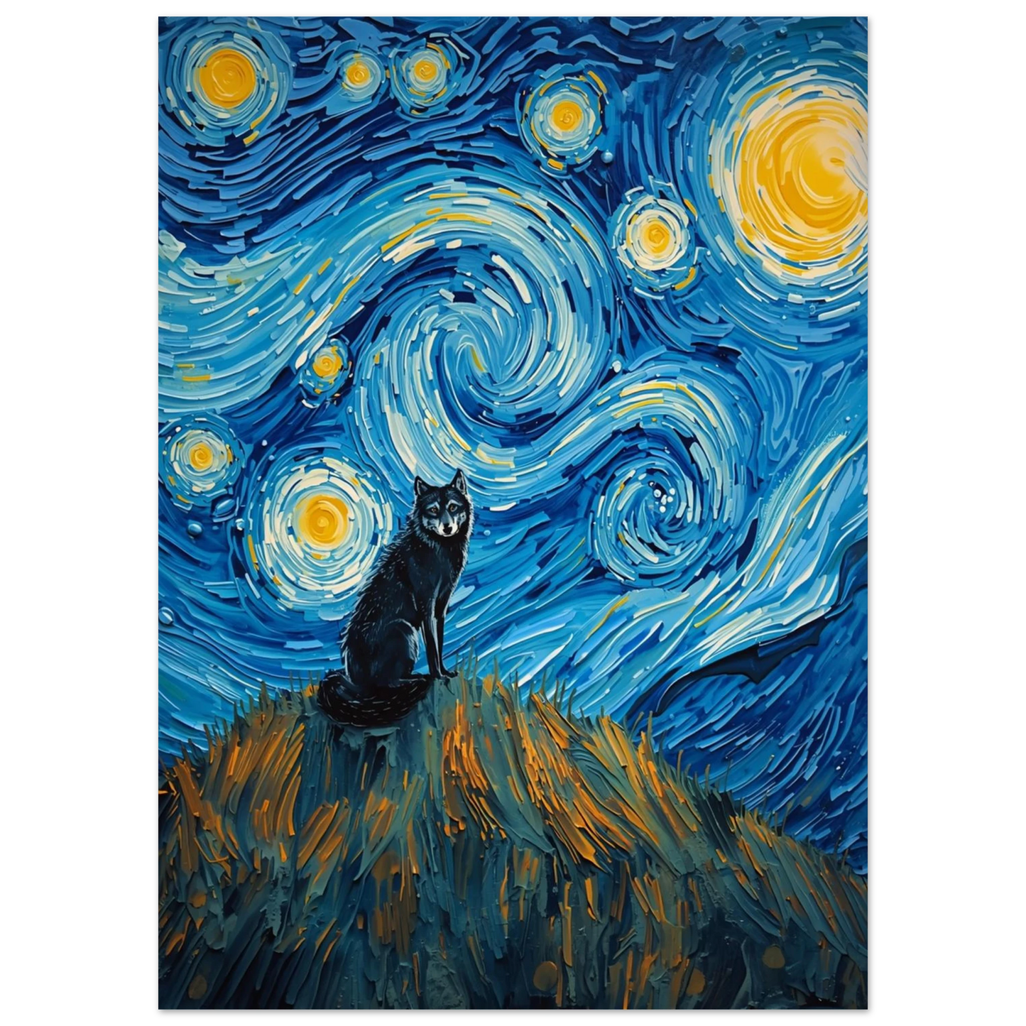 Konstnärlig vargposter med guldiga stjärnor och djupblå natt i Van Gogh-stil