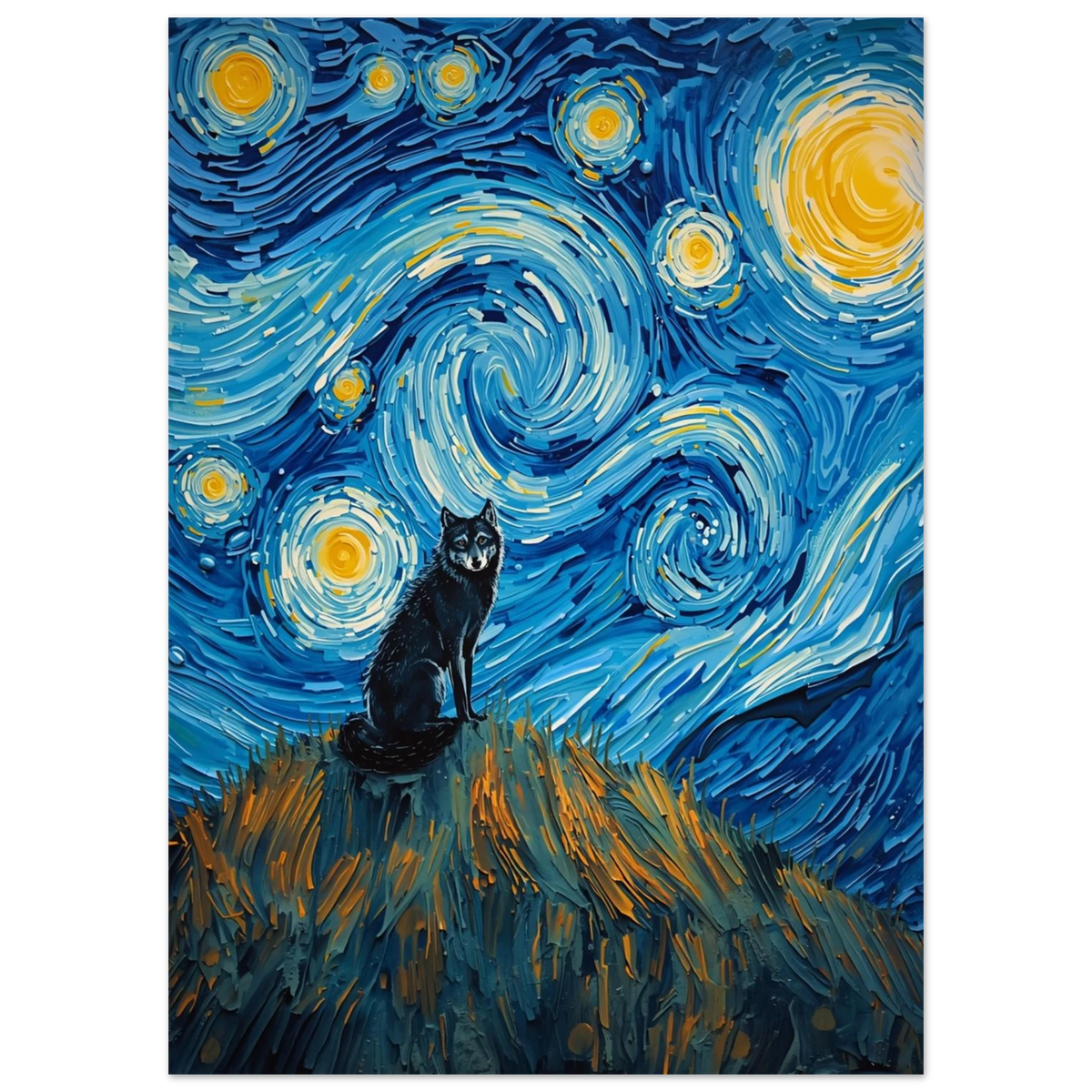 Konstnärlig vargposter med guldiga stjärnor och djupblå natt i Van Gogh-stil