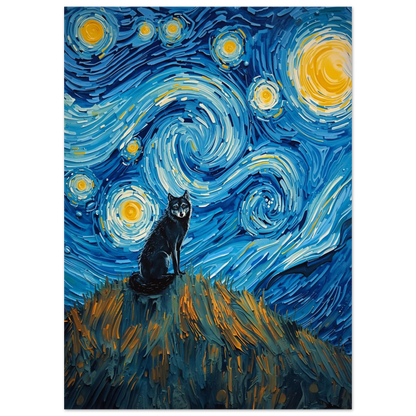 Konstnärlig vargposter med guldiga stjärnor och djupblå natt i Van Gogh-stil