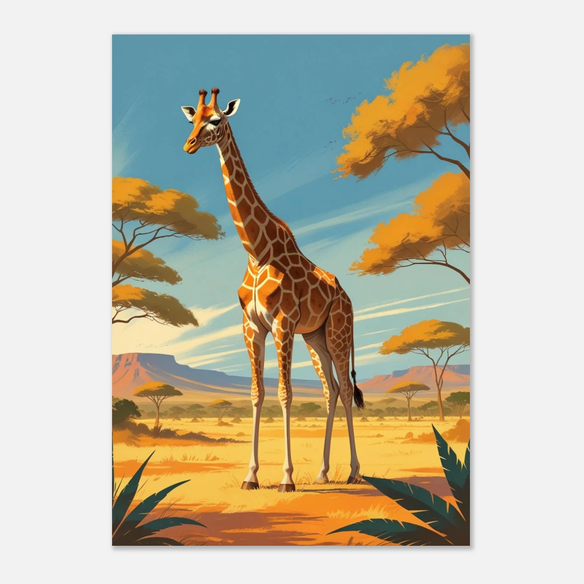 Klassisk illustration av en giraff bland berg och träd – djurmotiv tavla