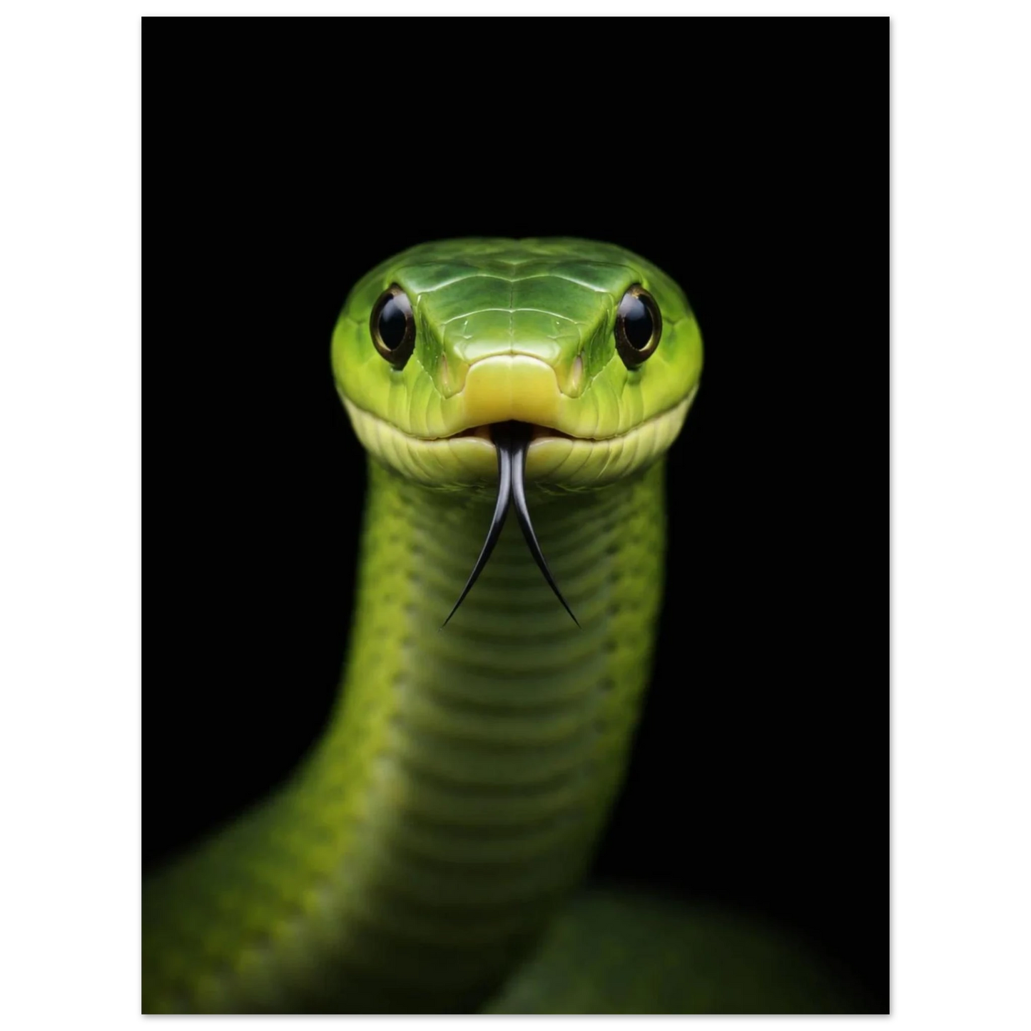 Grön Mamba med distinkta ögon och delad tunga – Fotorealistisk poster