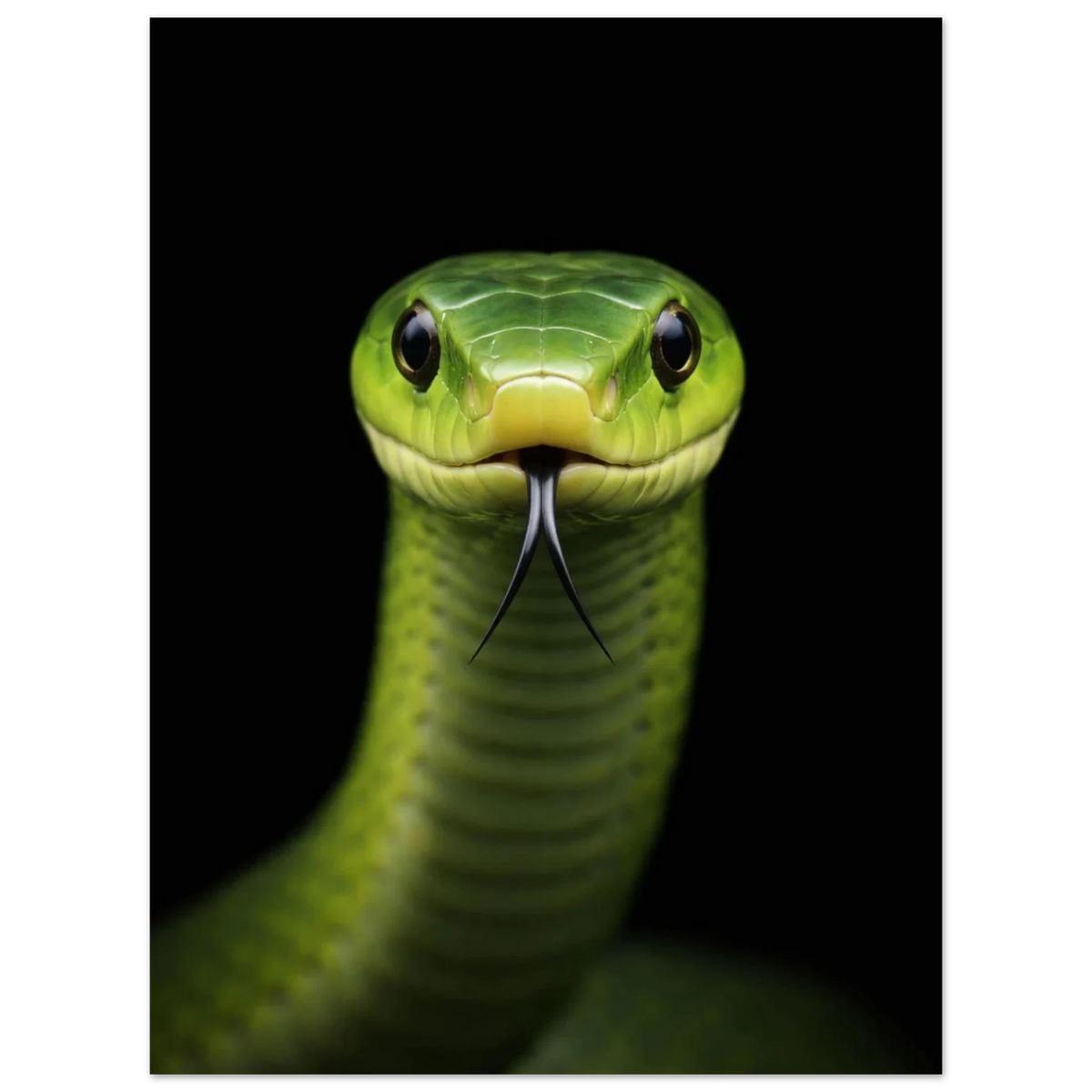 Grön Mamba med distinkta ögon och delad tunga – Fotorealistisk poster