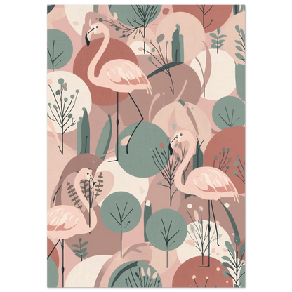 Rosa flamingos i ett stiliserat mönster med runda former och pastellfärger