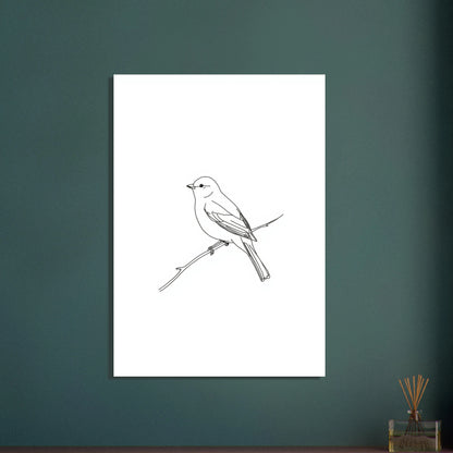 Minimalistisk småfågel på gren, enkel linjeteckning, lugn stämning.
