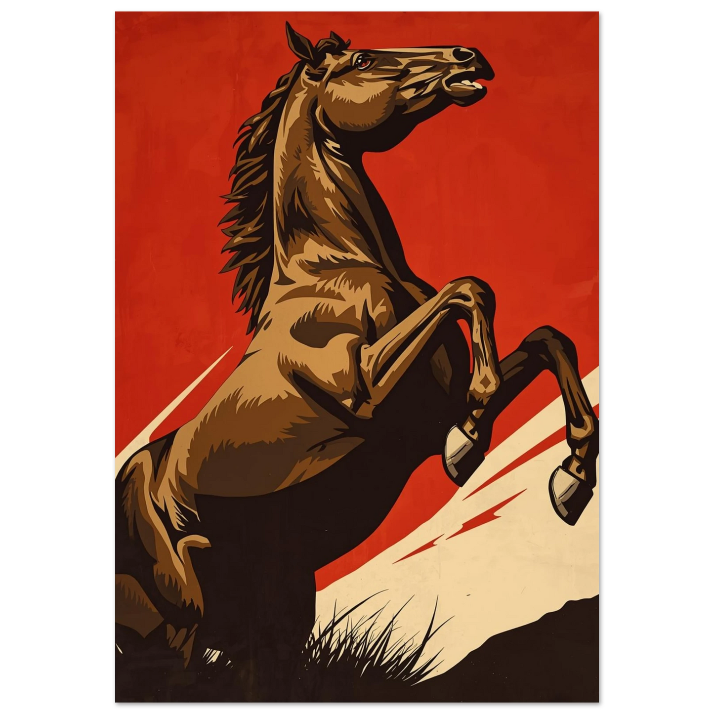 Kraftfull häst poster med resande hingst mot röd bakgrund – Tecknad poster