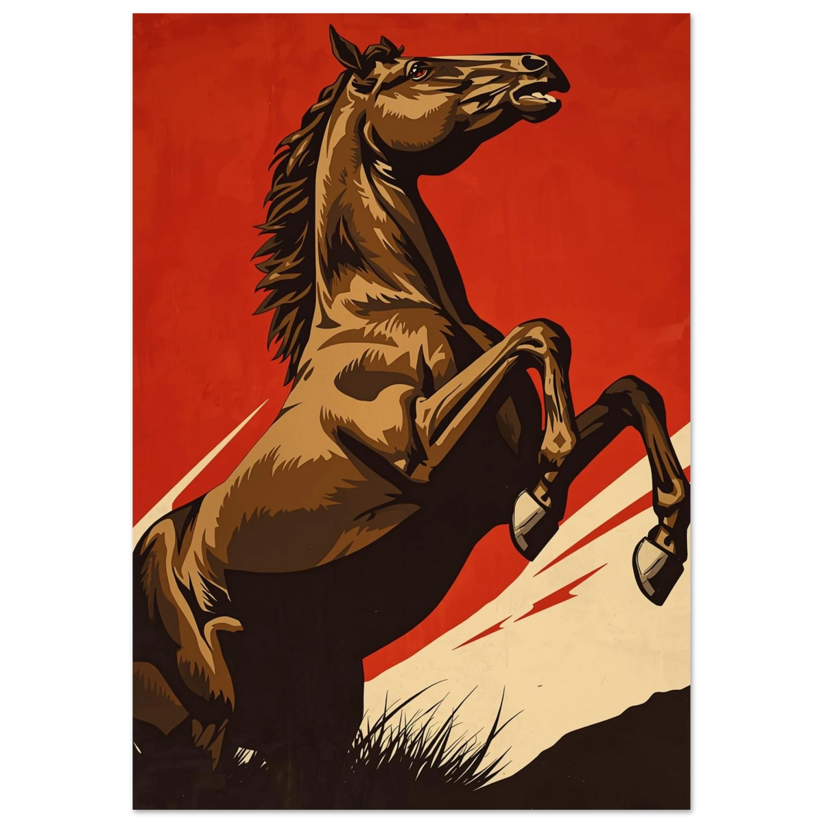 Kraftfull häst poster med resande hingst mot röd bakgrund – Tecknad poster