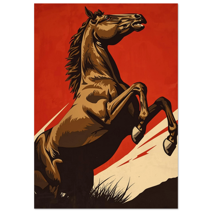 Kraftfull häst poster med resande hingst mot röd bakgrund – Tecknad poster