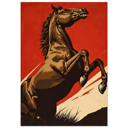 Kraftfull häst poster med resande hingst mot röd bakgrund – Tecknad poster