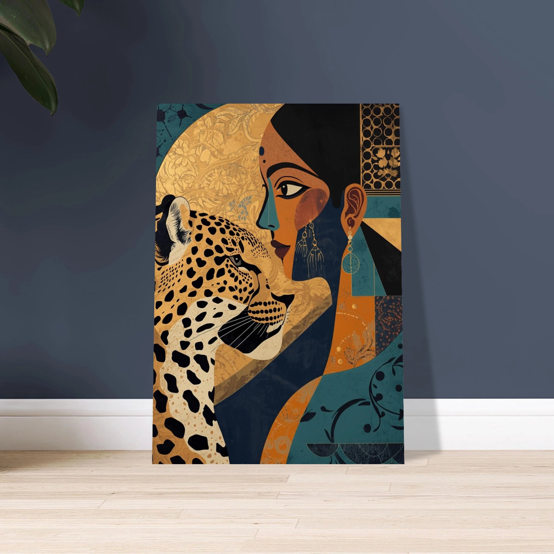 Leopard i kubistisk stil, mystisk och konstnärlig djurposter.