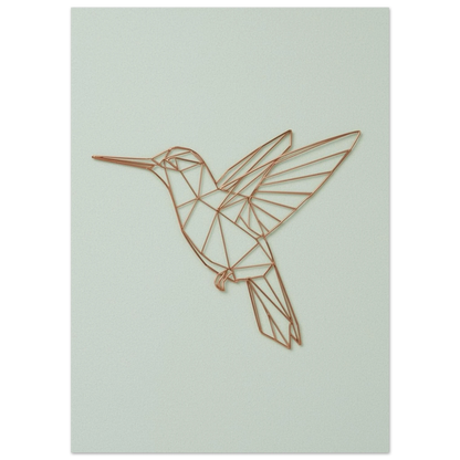 Närbild på kolibrins geometriska linjer i kopparfinish – minimalistiskt djurmotiv