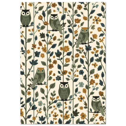 Ugglor i skogsmönster med gröna och bruna toner, retro djurposter