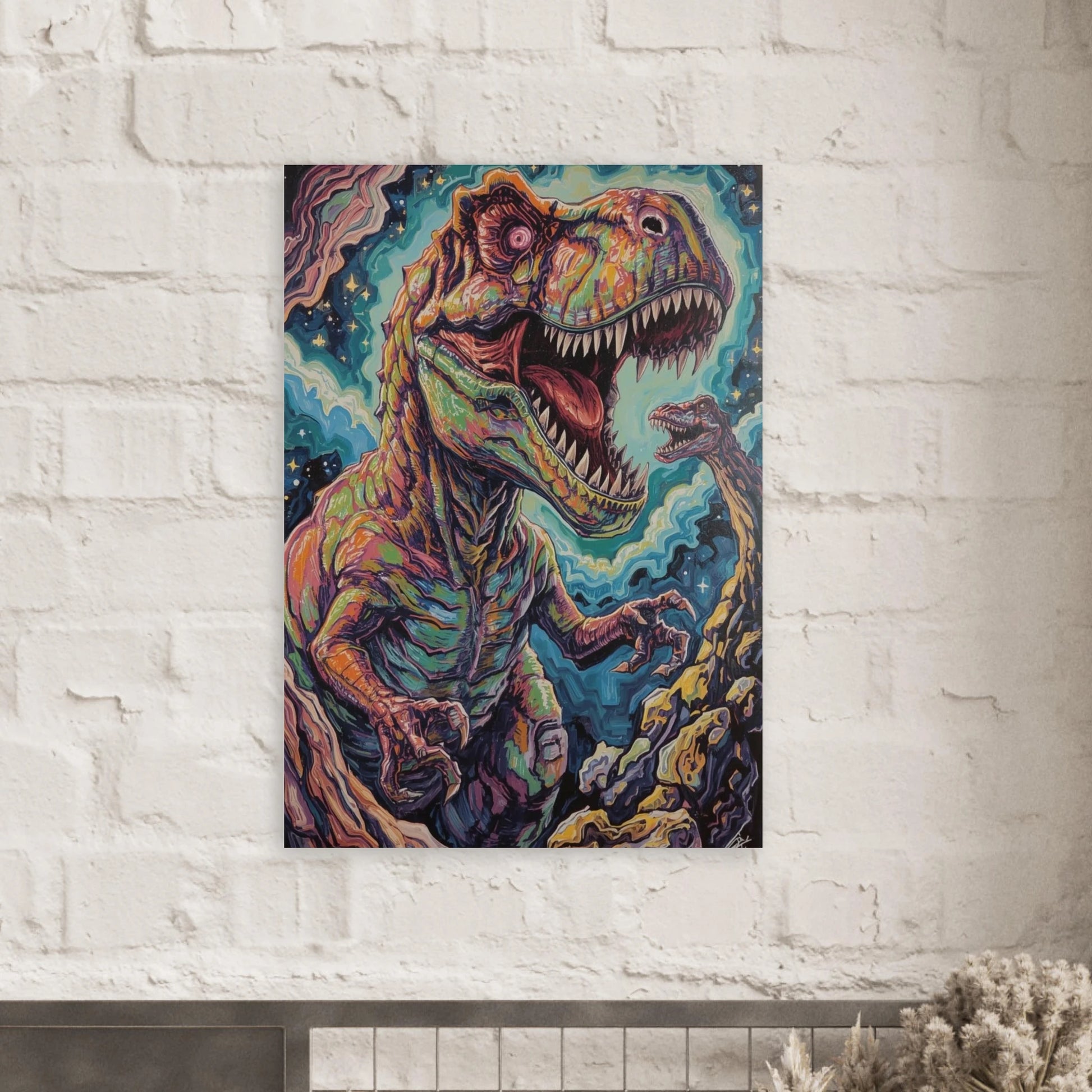 Inredning med en färgstark T-Rex poster på en vit tegelvägg