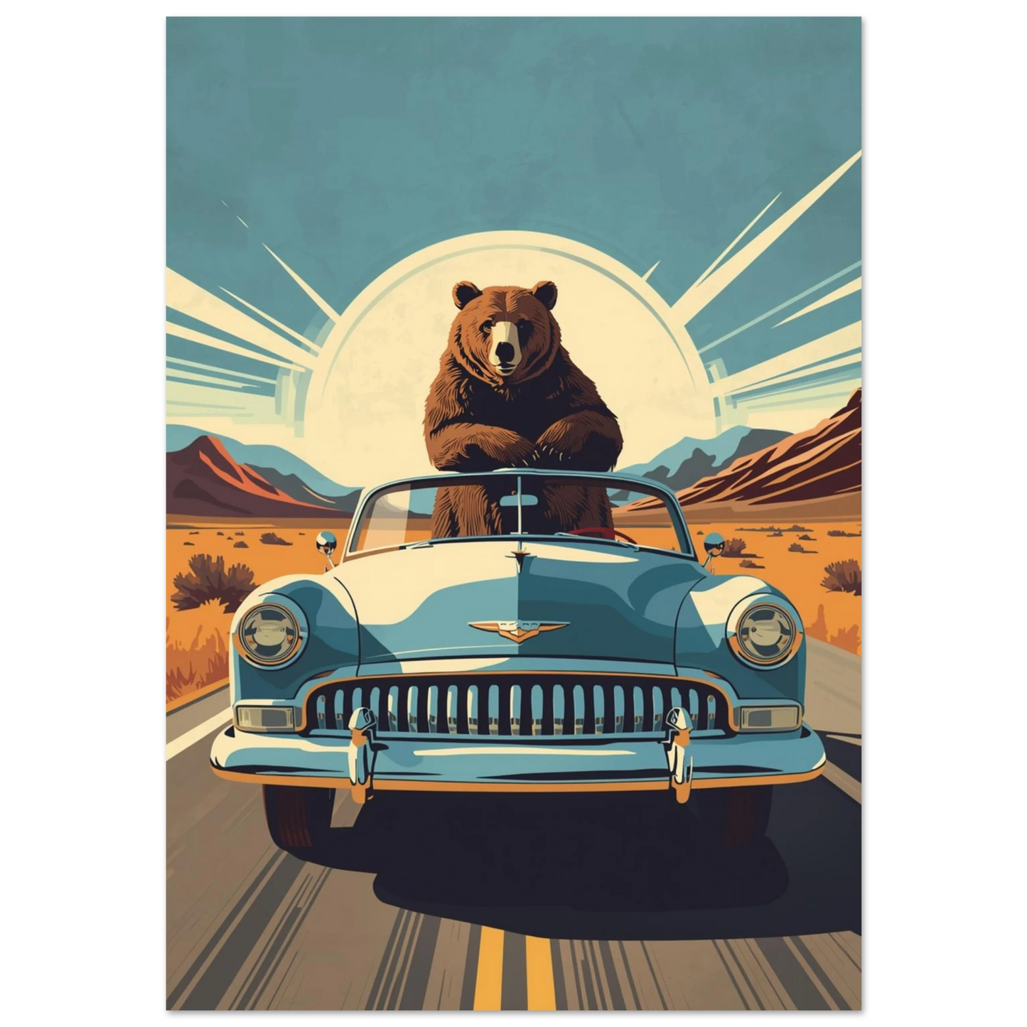 Brunbjörn i blå veteranbil på ökenväg – retro grafisk djurposter