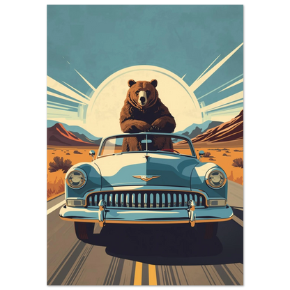 Brunbjörn i blå veteranbil på ökenväg – retro grafisk djurposter