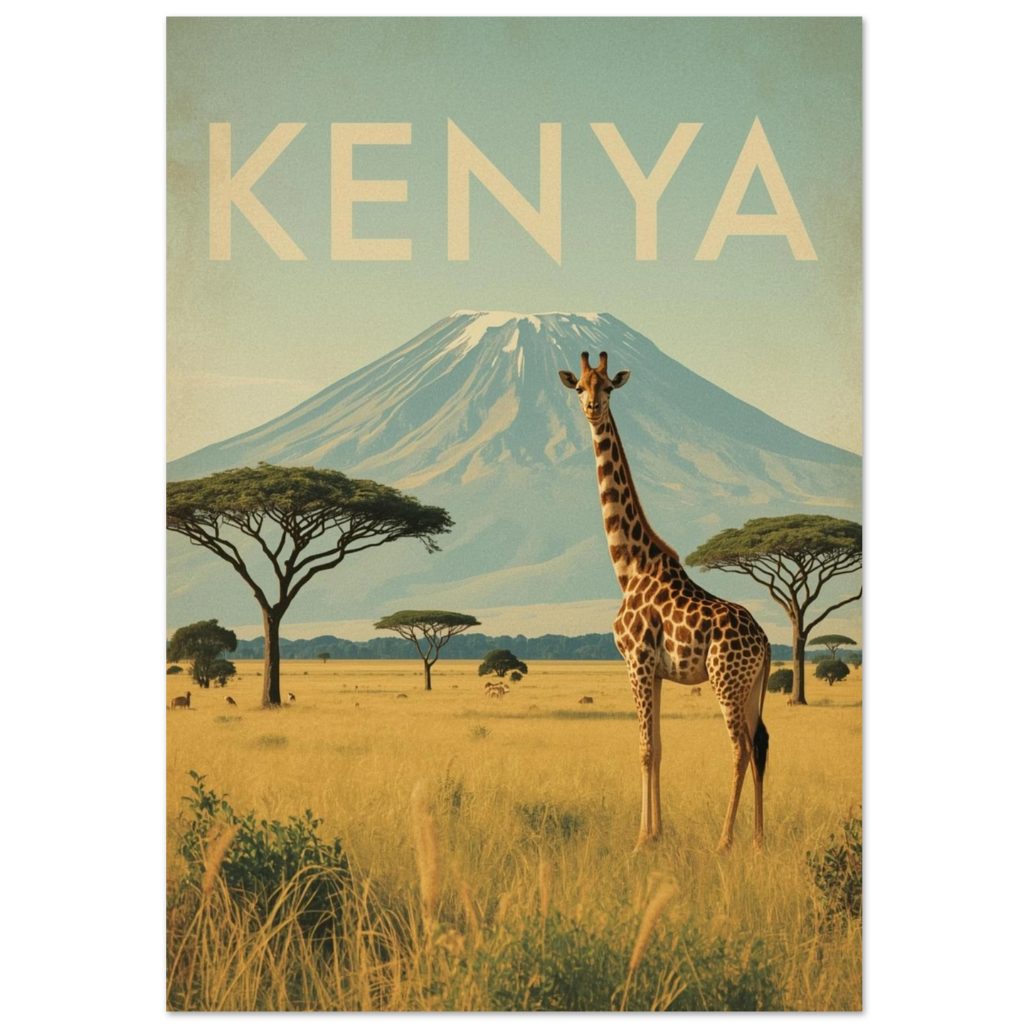 Giraff på savann framför Kilimanjaro – vintageinspirerad Kenya reseposter