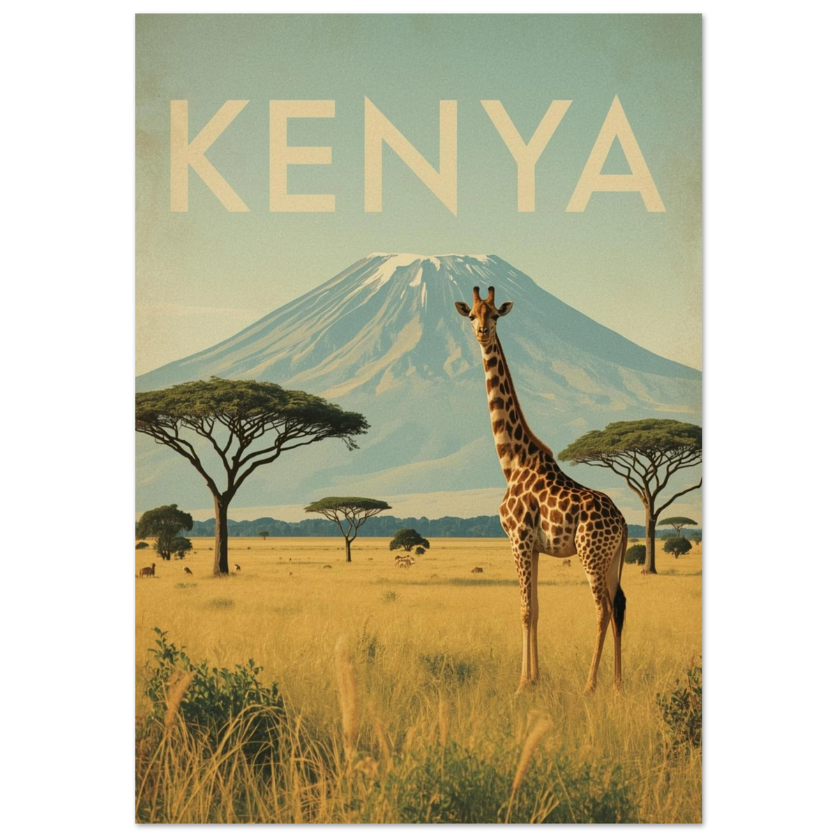 Giraff på savann framför Kilimanjaro – vintageinspirerad Kenya reseposter