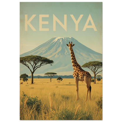 Giraff på savann framför Kilimanjaro – vintageinspirerad Kenya reseposter