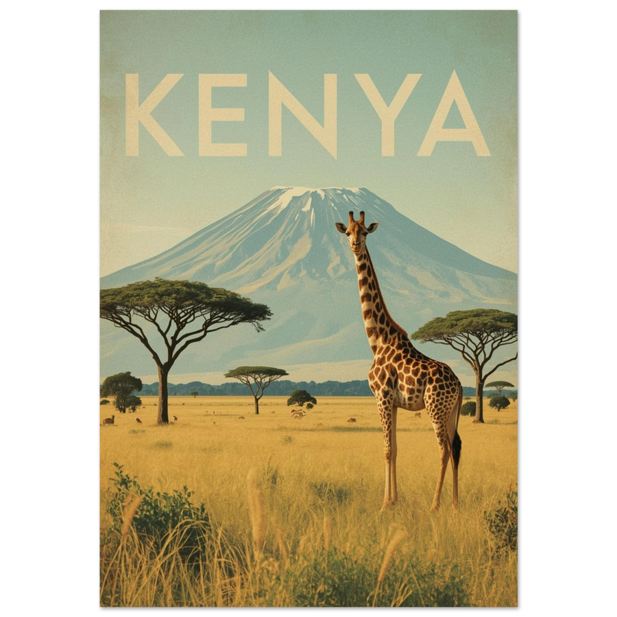 Giraff på savann framför Kilimanjaro – vintageinspirerad Kenya reseposter
