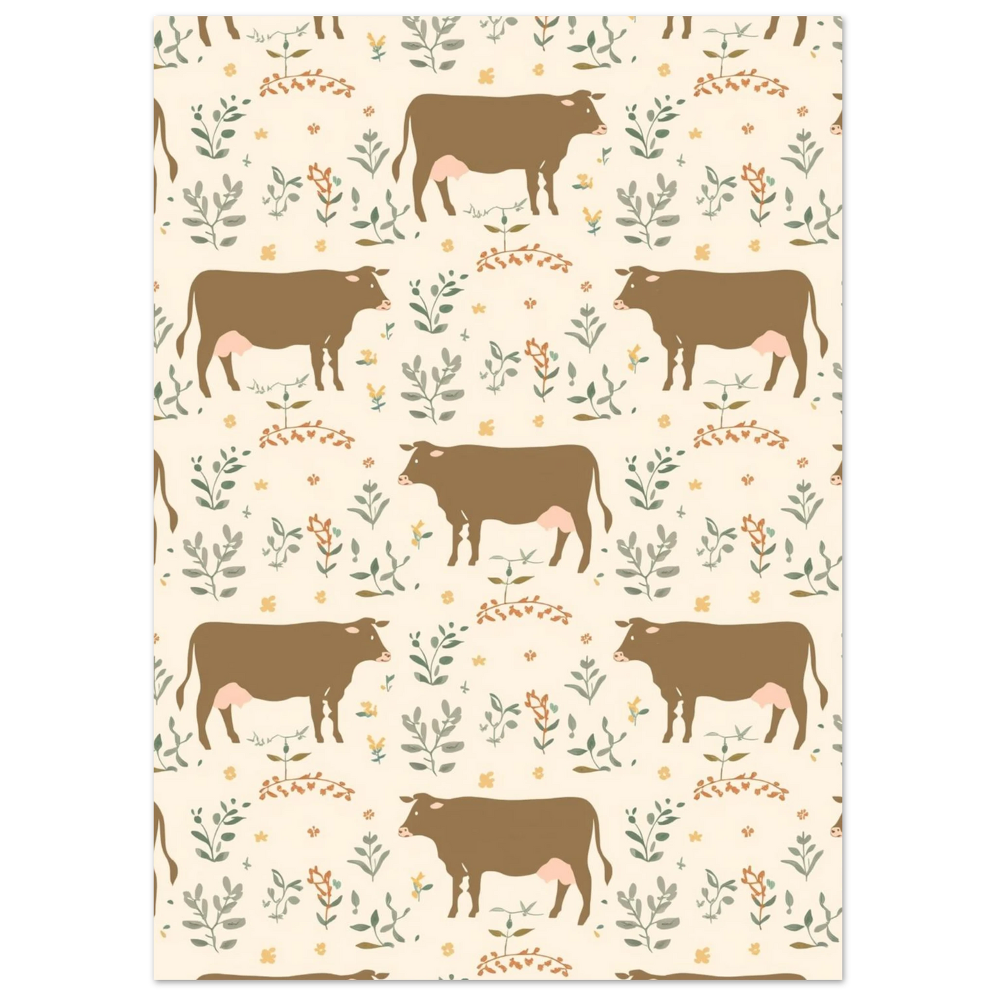 Nostalgisk djurposter med kor och små blommor i jordnära färgskala