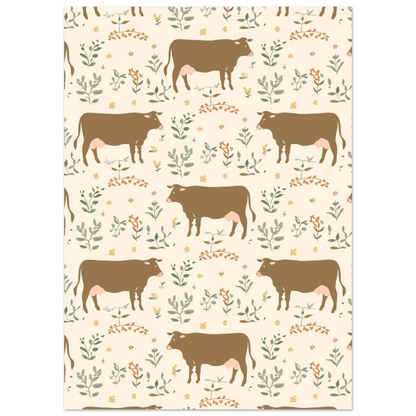 Nostalgisk djurposter med kor och små blommor i jordnära färgskala