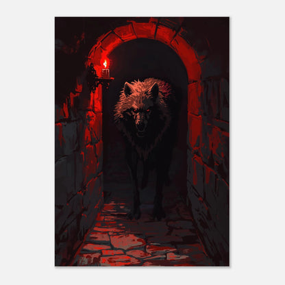 Stämningsfull vargposter i mörk fantasy-stil med intensiva röda färgtoner