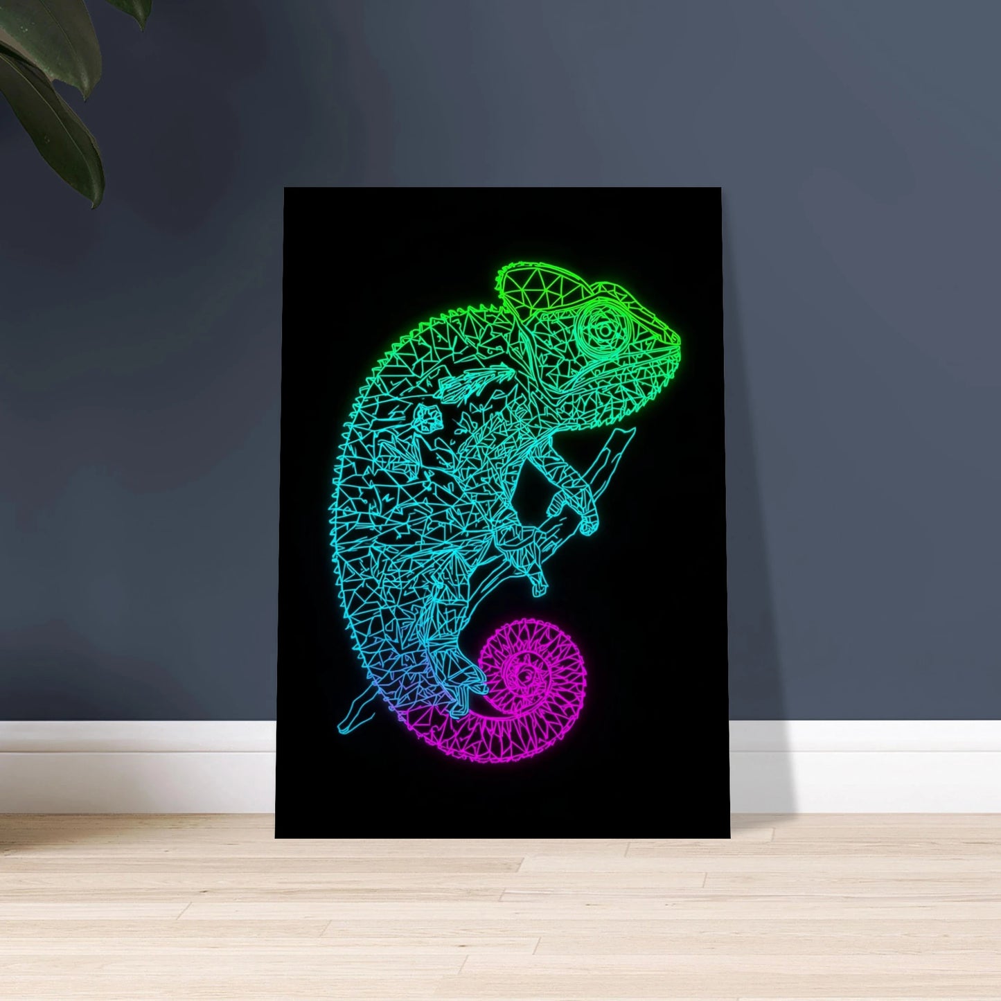 Kameleont i neonfärger, geometrisk linjekonst, lysande reptilmotiv