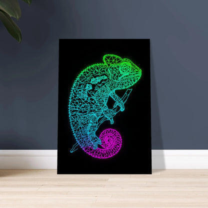 Kameleont i neonfärger, geometrisk linjekonst, lysande reptilmotiv