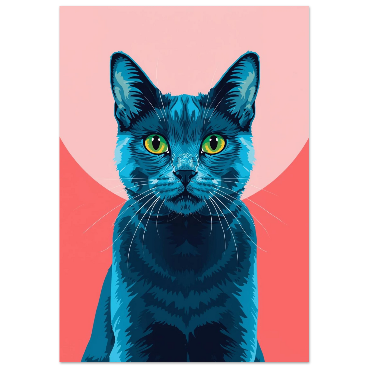 Blå katt med intensiva gröna ögon mot rosa cirkelbakgrund – grafisk poster