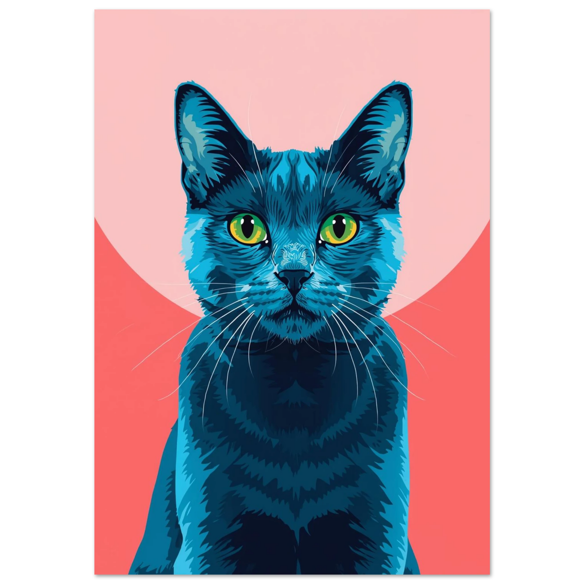 Blå katt med intensiva gröna ögon mot rosa cirkelbakgrund – grafisk poster