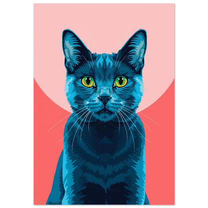 Blå katt med intensiva gröna ögon mot rosa cirkelbakgrund – grafisk poster