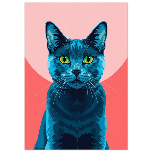 Blå katt med intensiva gröna ögon mot rosa cirkelbakgrund – grafisk poster