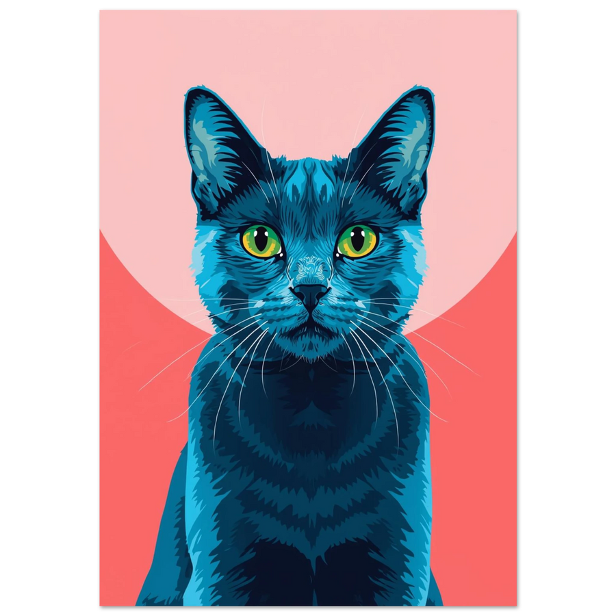 Blå katt med intensiva gröna ögon mot rosa cirkelbakgrund – grafisk poster