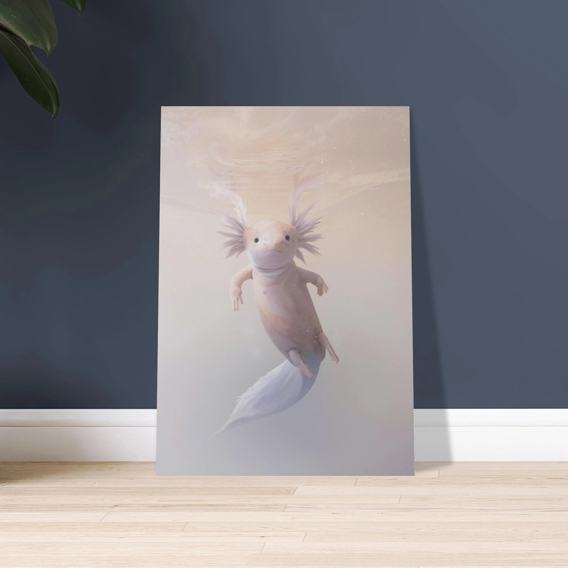 Axolotl i lugnt, ljust vatten, drömlik och fridfull undervattensscen.