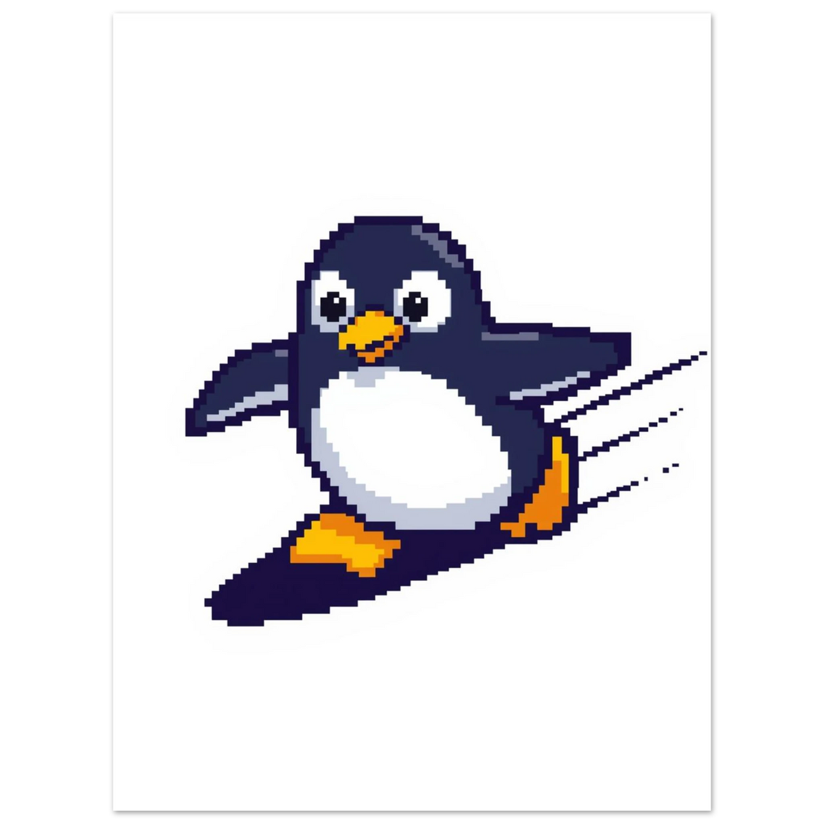 Minimalistisk pixel-pingvin med utsträckta vingar – modern väggkonst
