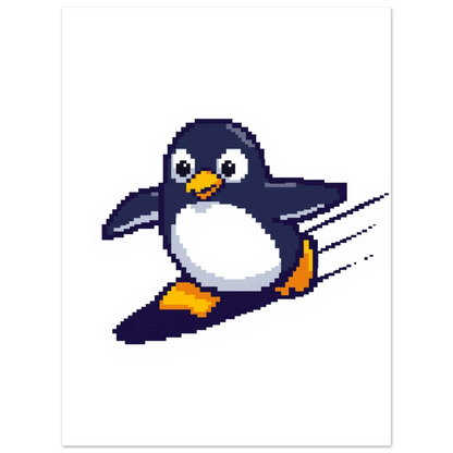 Minimalistisk pixel-pingvin med utsträckta vingar – modern väggkonst